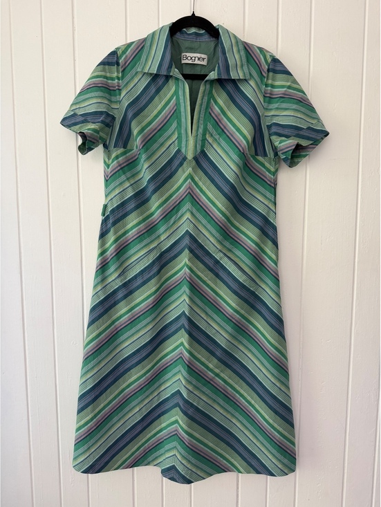 Bogner Dresses & Skirts - Bogner Striped Short Sleeve Dress Size M Green Blue Cotton Viscose